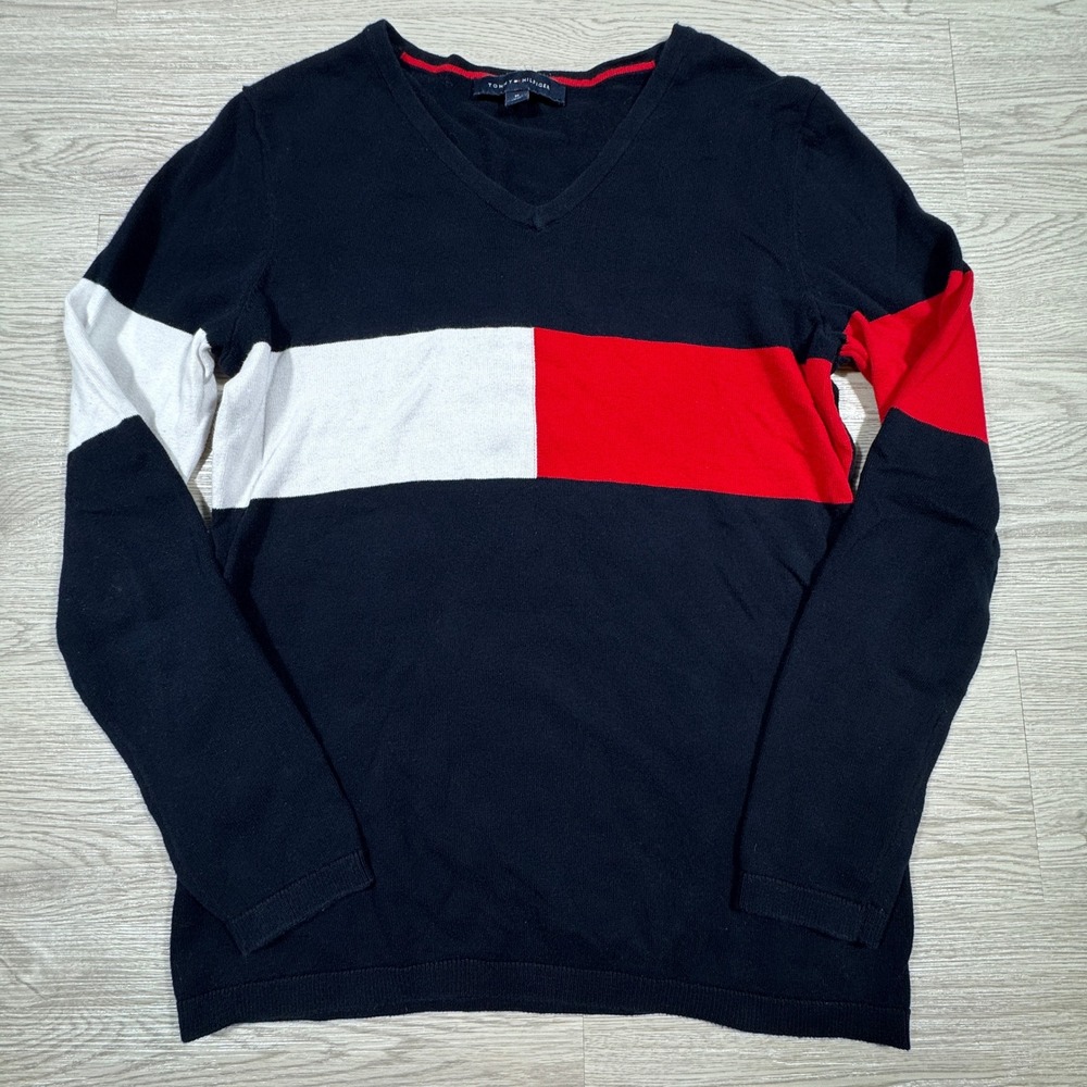 Tommy Hilfiger Men's Sweater V-Neck Colorblock Flag Navy‎ Blue White Red Size M